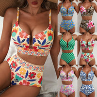 Ensemble de bikini taille haute coupe U à imprimé floral pour femme – Maillot de bain 2 pièces