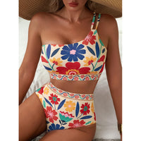 Ensemble bikini floral taille haute à une épaule pour femme – Maillot de bain 2 pièces