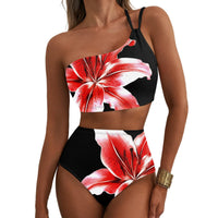 Ensemble bikini floral taille haute à une épaule pour femme – Maillot de bain 2 pièces