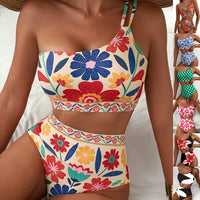 Ensemble bikini floral taille haute à une épaule pour femme – Maillot de bain 2 pièces