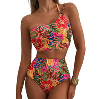 Ensemble bikini floral taille haute à une épaule pour femme – Maillot de bain 2 pièces