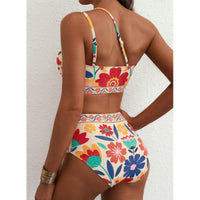 Ensemble bikini floral taille haute à une épaule pour femme – Maillot de bain 2 pièces