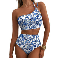 Ensemble bikini floral taille haute à une épaule pour femme – Maillot de bain 2 pièces