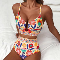 Ensemble de bikini taille haute coupe U à imprimé floral pour femme – Maillot de bain 2 pièces
