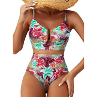 Ensemble de bikini taille haute coupe U à imprimé floral pour femme – Maillot de bain 2 pièces