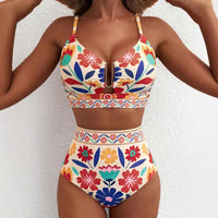 Ensemble de bikini taille haute coupe U à imprimé floral pour femme – Maillot de bain 2 pièces