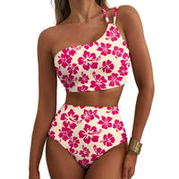 Ensemble bikini floral taille haute à une épaule pour femme – Maillot de bain 2 pièces