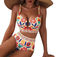 Ensemble de bikini taille haute coupe U à imprimé floral pour femme – Maillot de bain 2 pièces