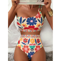 Ensemble bikini floral taille haute à une épaule pour femme – Maillot de bain 2 pièces