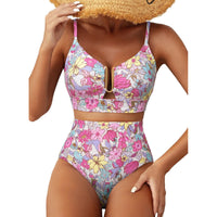Ensemble de bikini taille haute coupe U à imprimé floral pour femme – Maillot de bain 2 pièces