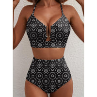 Ensemble de bikini taille haute coupe U à imprimé floral pour femme – Maillot de bain 2 pièces