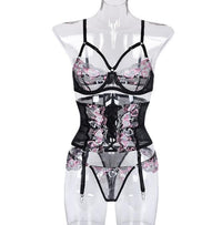 Ensemble de lingerie 3 pièces pour femme avec broderie « Love » et gaine – Bretelles croisées